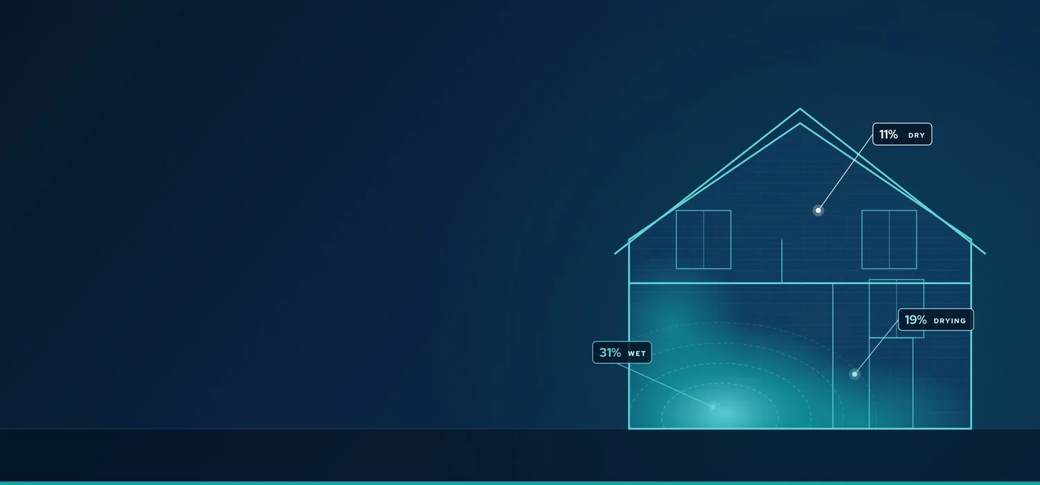 Illustration of a house cross-section drying out, with moisture readings falling from 31% to 11%.